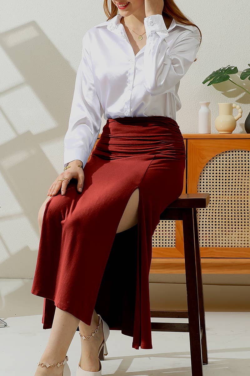 CWBLS120-P_PLUS SIZE HIGH WAIST SHIRRED FLOUNCE MAXI SKIRTS