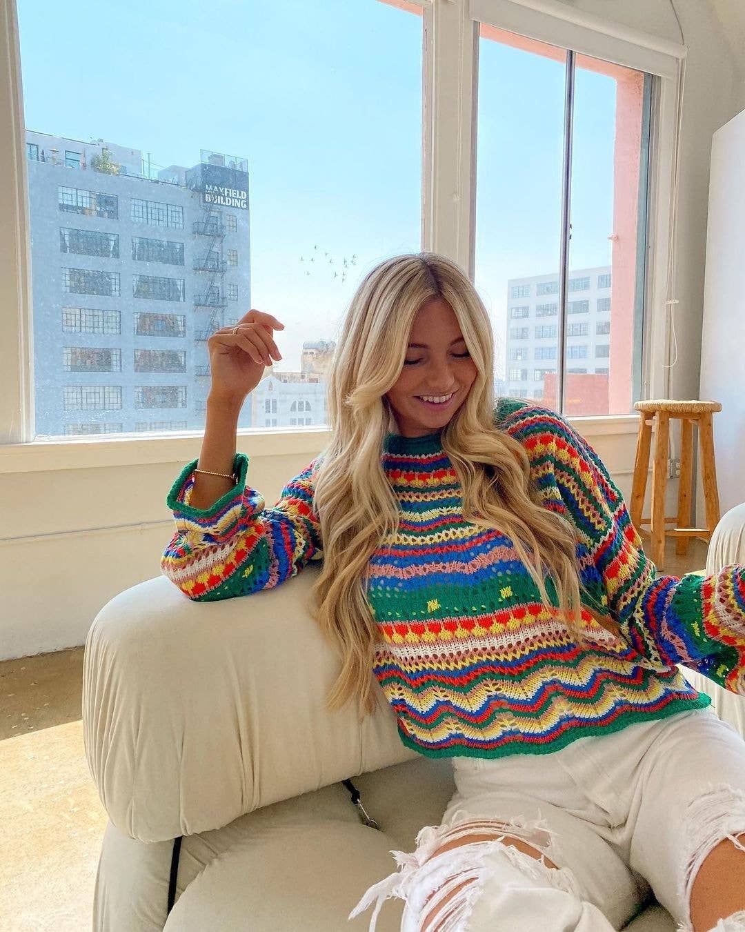 CREW NECK LONG SLEEVE PATCHWORK PULLOVER SWEATER