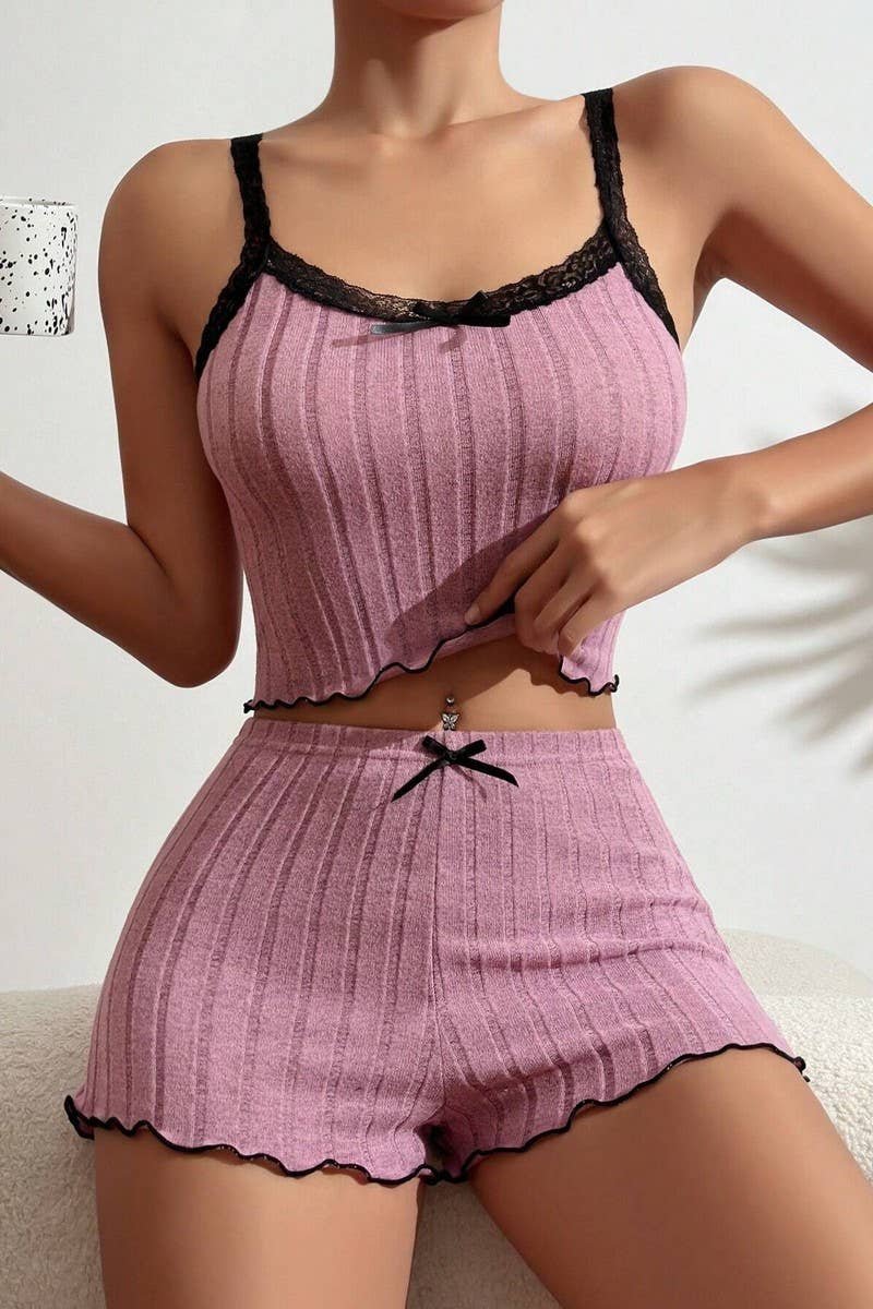 CWSPJ00487_LACE TRIM RIBBED CAMI AND SHORTS LOUNGEWEAR