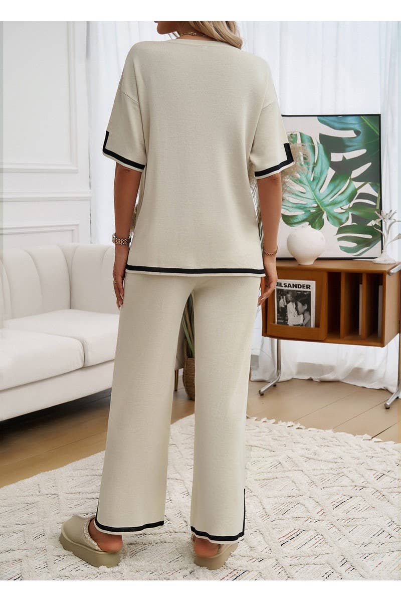 CWSTB0963_Color Matching Short Sleeved Top Pants Knit Set