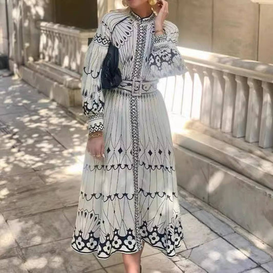 COTTON AND LINEN PRINT RETRO LANTERN SLEEVE DRESS