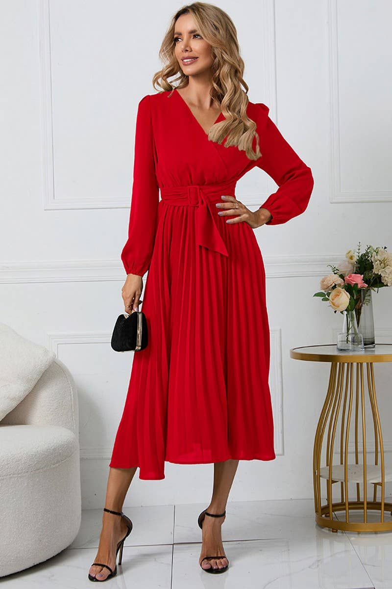 CWDMD1462_V-NECK LONG SLEEVED PLEATED DRESS