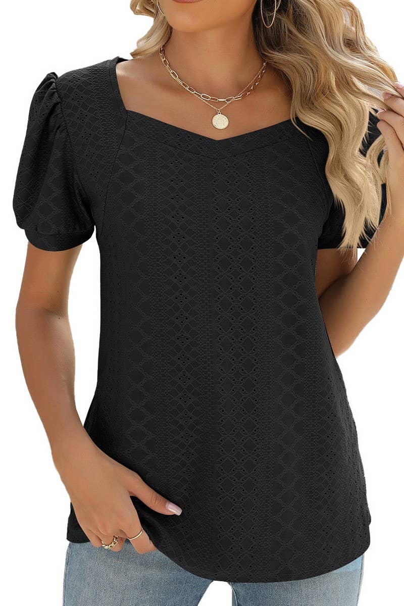 CWTBLS0877_SQUARE COLLAR SOLID COLOR SHORT-SLEEVED TOP