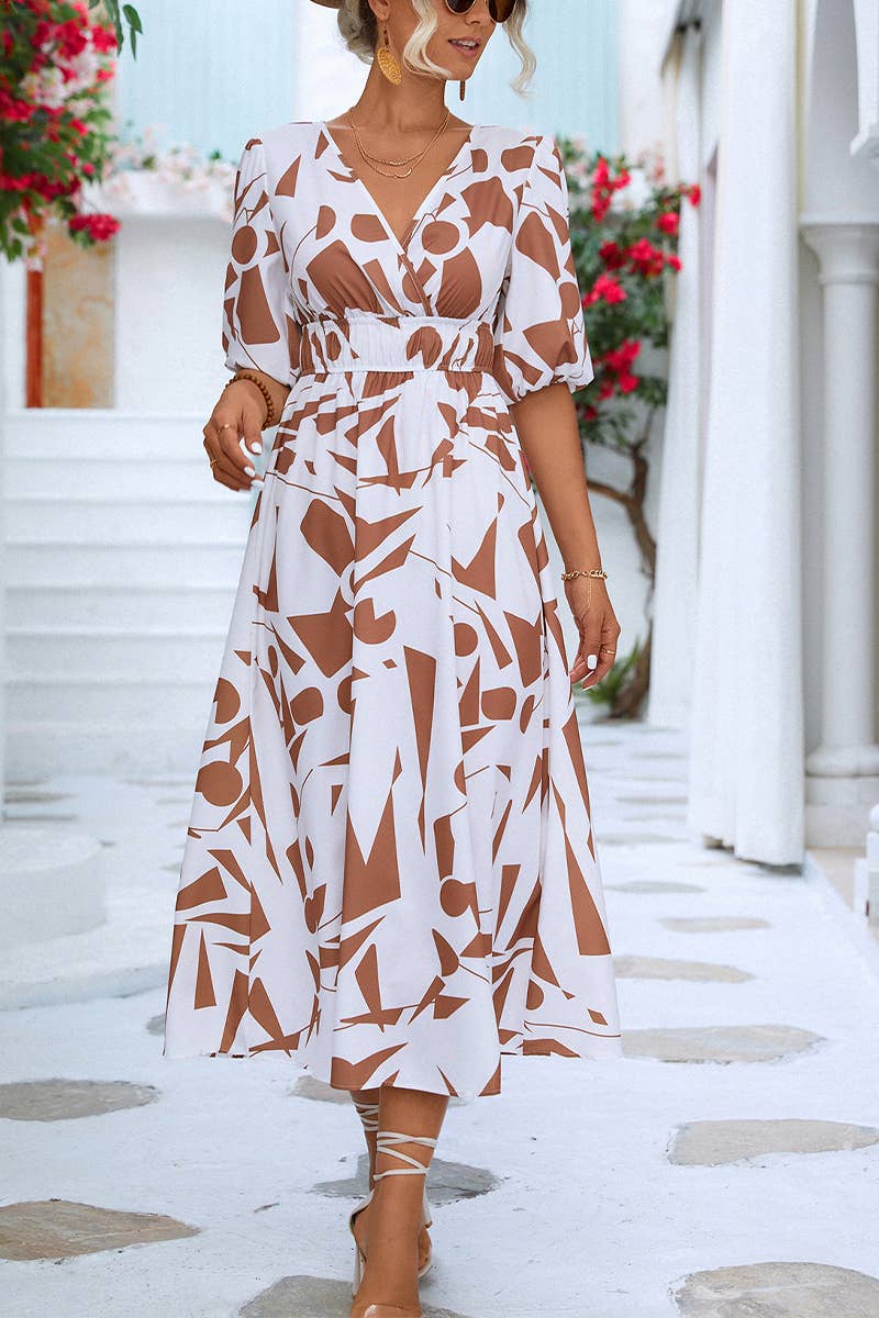 CWDTD0404_WOMEN'S V-NECK PUFF SLEEVE DRESS