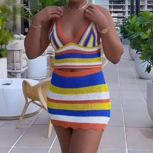 COLOR CONTRAST HALTER WRAP HIP SKIRT KNIT SUIT_CWSTB0492