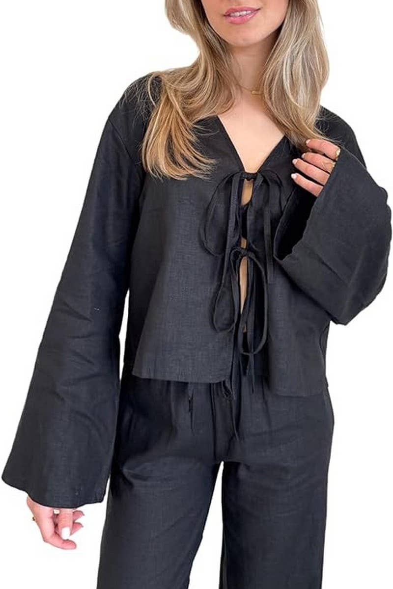 CWTBLL00693_SOLID COLOR DEEP V-NECK FLARED SLEEVE TOP