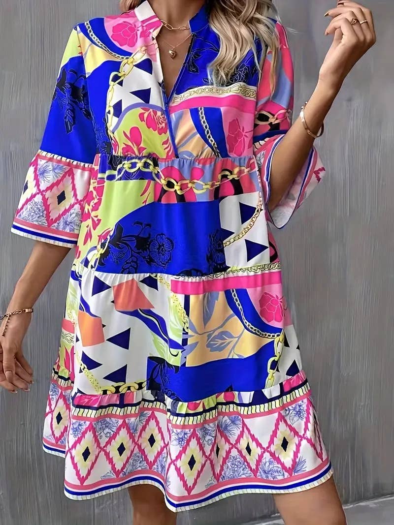 Abstract printed flared sleeve ruffled dress