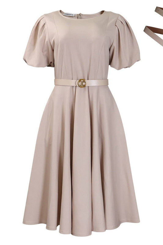 CWDMD01255_WOMEN PUFF SLEEVE ROUND NECK A LINE MIDI DRESS