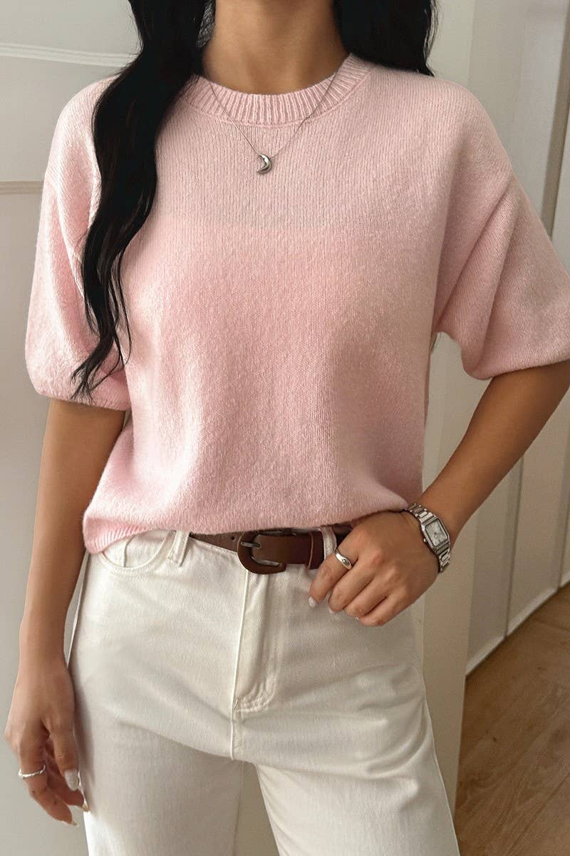 CWOSWS00158_SOLID COLOR SHORT-SLEEVED PULLOVER KNITTED TOP