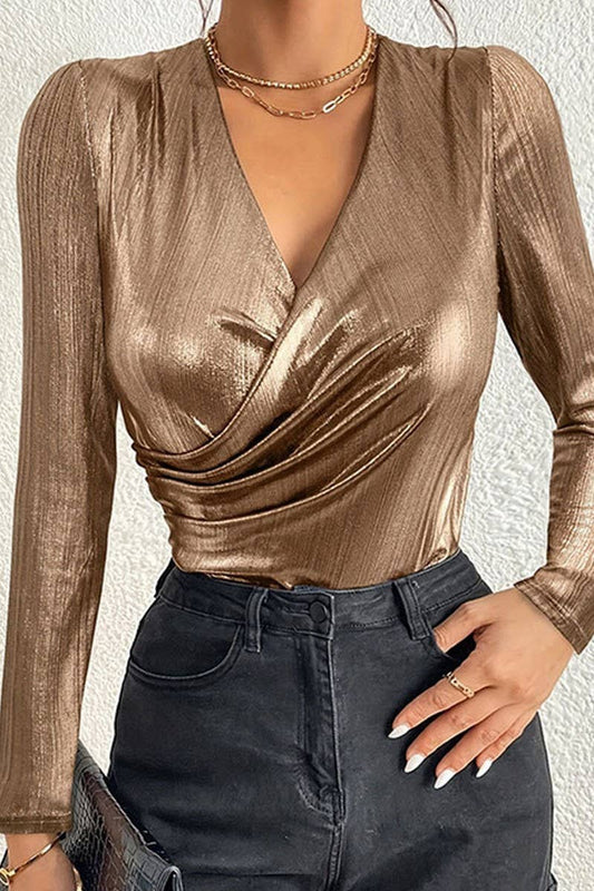 CWTTL2010_SUMMER GLOSSY V-NECK PLEATED TOP
