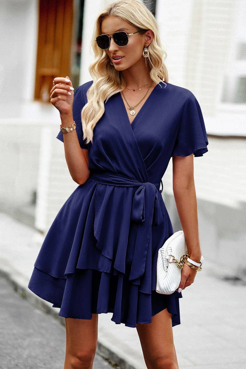 CWDSD2346_V-Neck Wrap ruffle Sleeve Floral Print Mini Dress