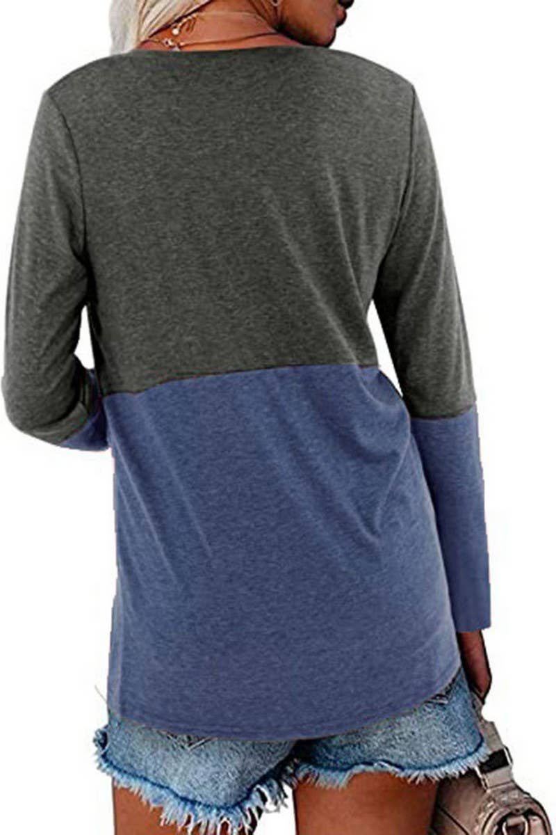 CWTBLL3689_CONTRAST COLOR V-NECK LONG-SLEEVED LOOSE TOP