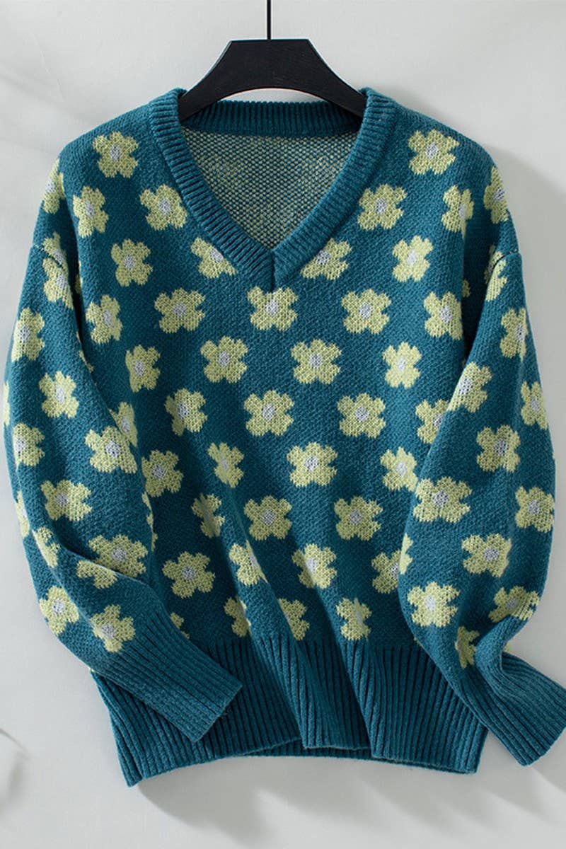 CWOSWL2806_FLORAL JACQUARD V-NECK PULLOVER SWEATER