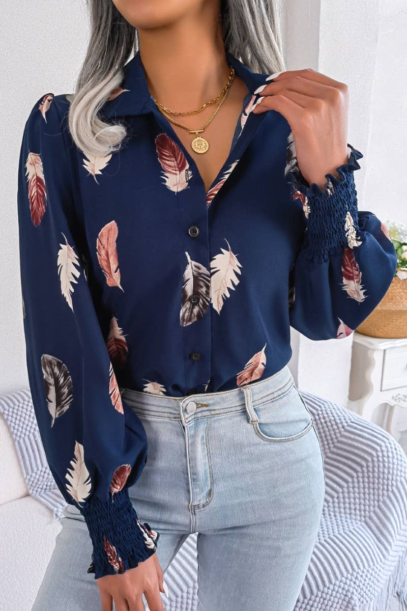 CWTSTL1206_SUMMER CASUAL FEATHER PRINT LONG-SLEEVED SHIRT
