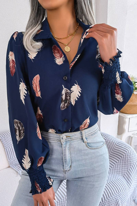 CWTSTL1206_SUMMER CASUAL FEATHER PRINT LONG-SLEEVED SHIRT