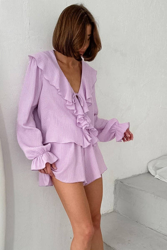 CWSPJ0284_RUFFLED COTTON LONG SLEEVE SHORTS PAJAMA SET