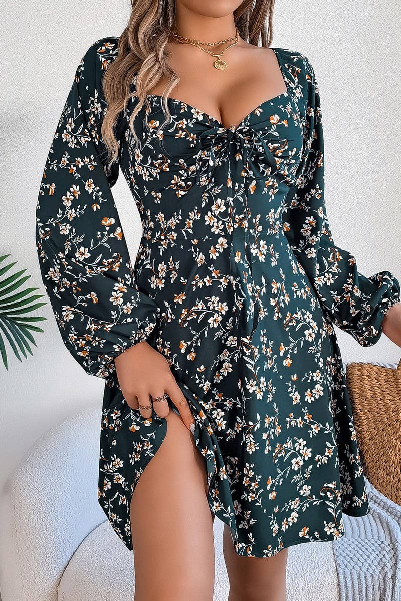 CWDSD7221_CASUAL SQUARE NECK FLORAL LONG SLEEVE A-LINE DRESS