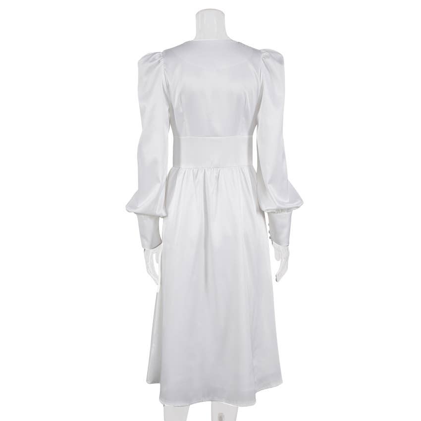 CWDMD4167_VINTAGE SATIN COURT DRESS WITH WAIST AND V-NECK