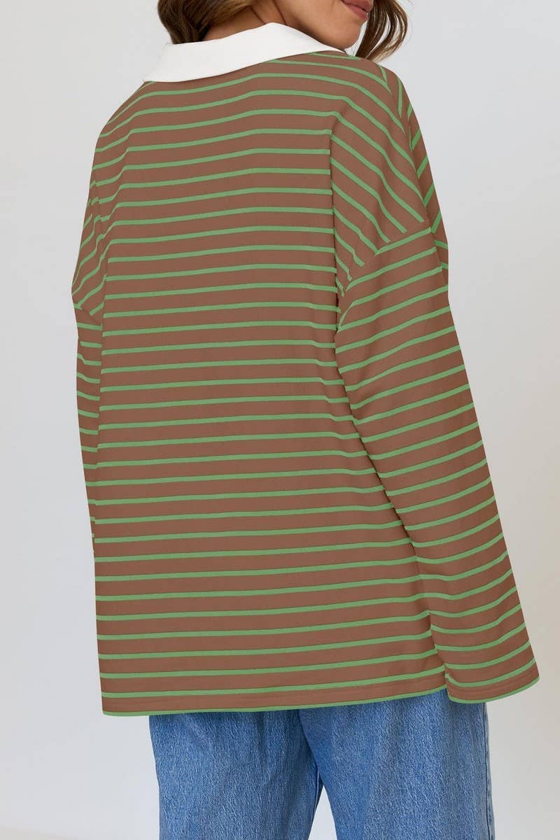 CWTBLL1811_LAPEL STRIPED V-NECK LOOSE SWEATSHIRT