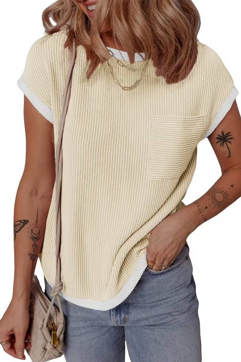 CWTBLS1772_RIBBED POCKET KNIT SHORT SLEEVE T-SHIRT TOP