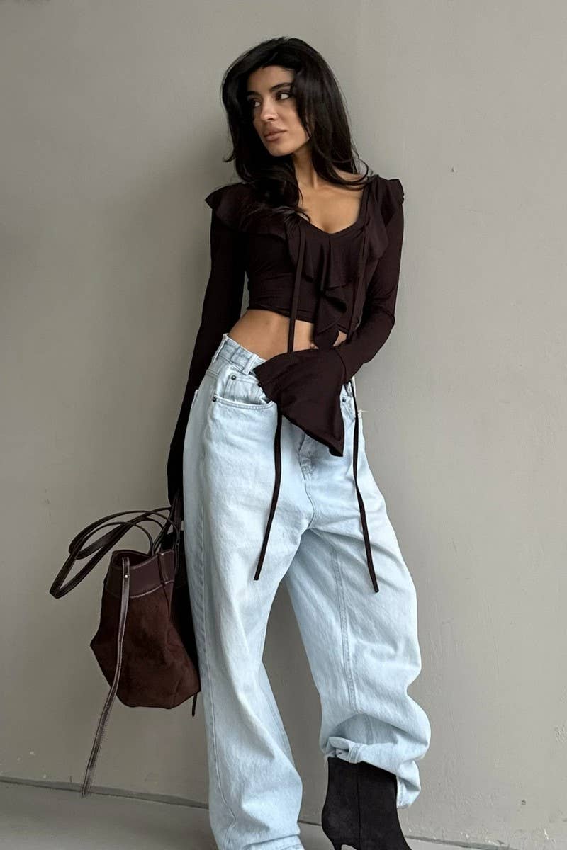 CWTBLL3449_SOLID COLOR V-NECK RUFFLED LONG-SLEEVED TOP