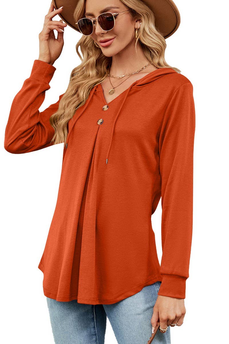 CWOHOL0932_SOLID COLOR V-NECK BUTTON HOODED LOOSE SWEATSHIRT