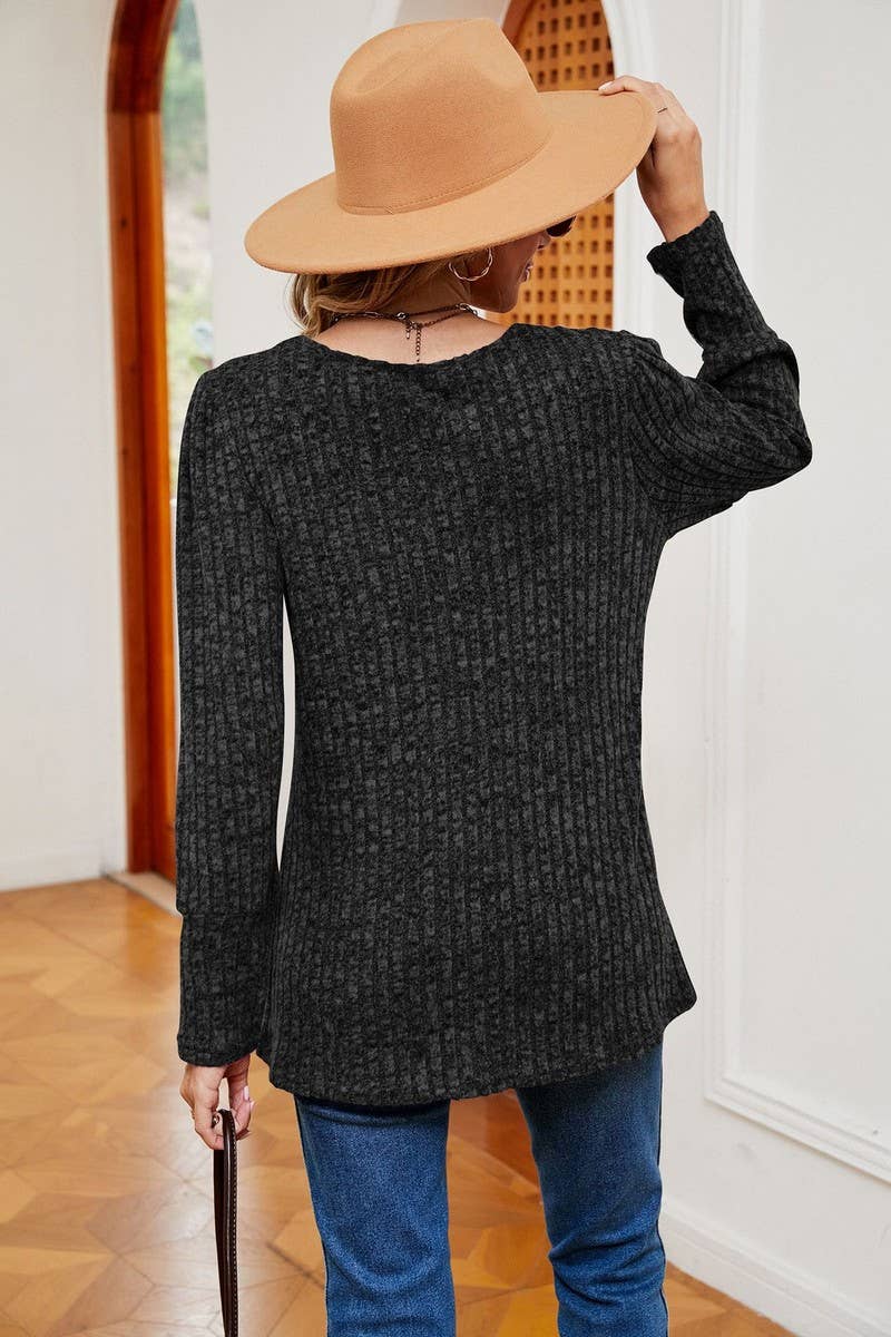 CWTBLL2372_SQUARE COLLAR BUTTON-DOWN LONG SLEEVE LOOSE TOP