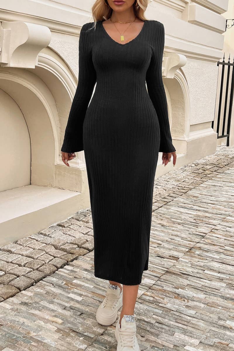 CWDMD3617_V-NECK FANNY PACK HIP SWEATER DRESS LONG
