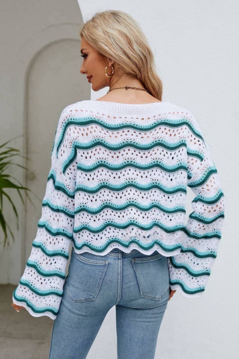 CWOSWL603 Flare Sleeved Round neck Hollowed Out Sweater