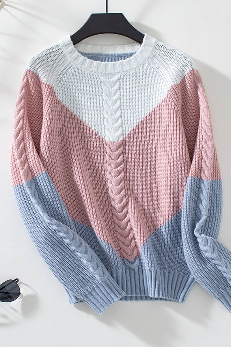 CWOSWL2871_CONTRASTING COLOR CABLE-KNIT SWEATER