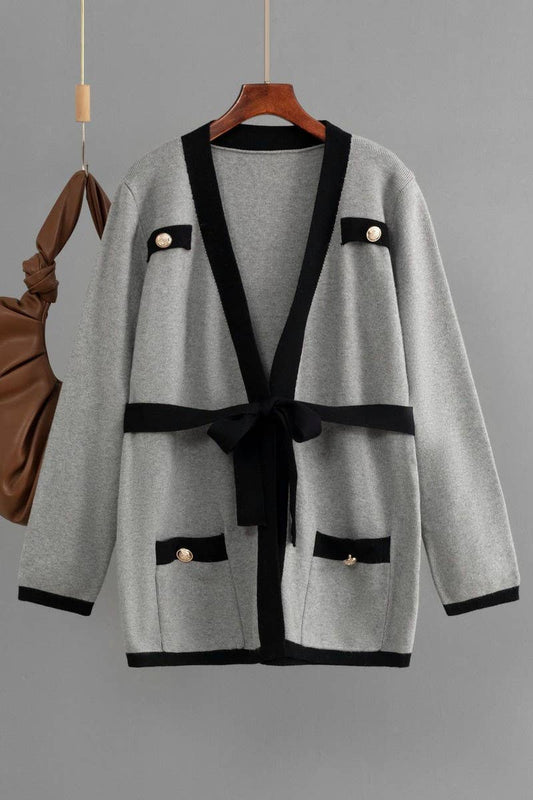 CWOCAL00675_V NECK COLORBLOCK TIE BUTTON PLUS CARDIGAN