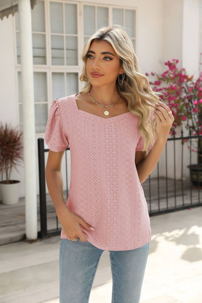 CWTTS0826_Sweetheart Neck Short Sleeve Knit Top
