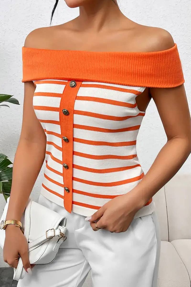 CWTTS1306_FASHION STRIPED OFF-SHOULDER BOAT NECK SWEATER