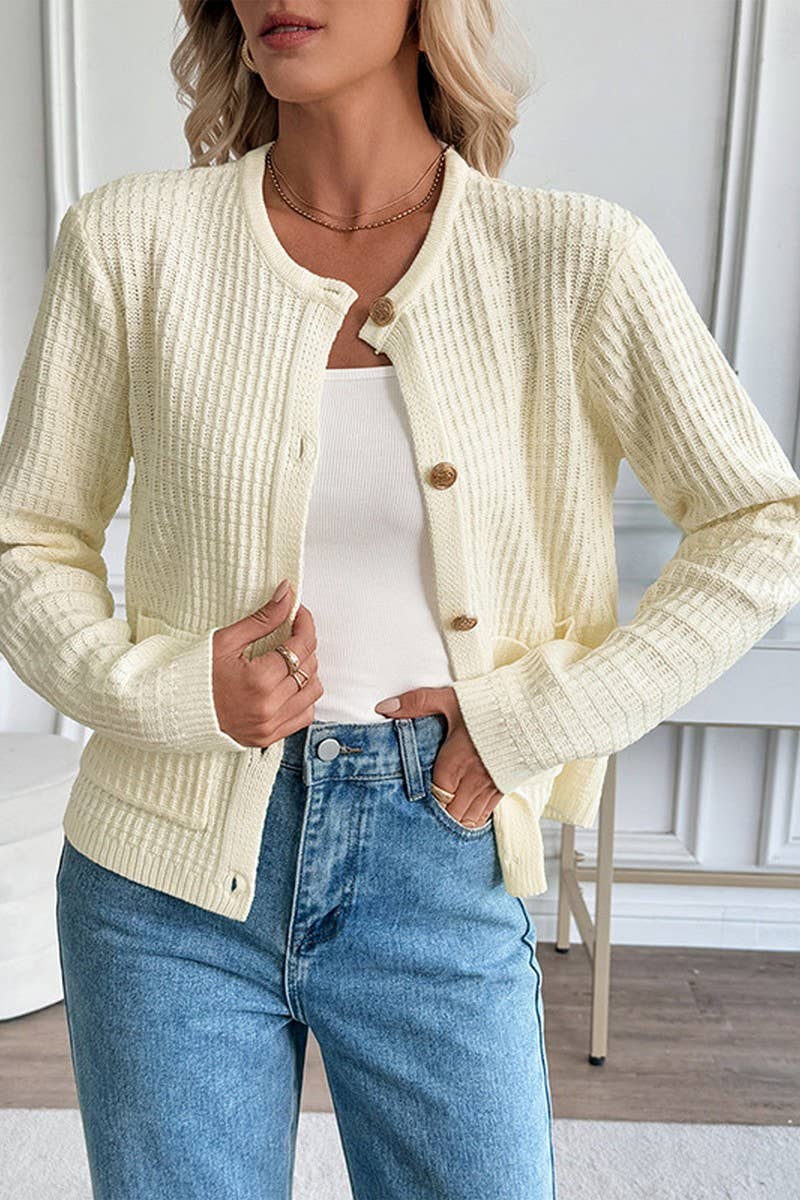 CWOCAL00582_SOLID COLOR METAL BUTTON CARDIGAN SWEATER