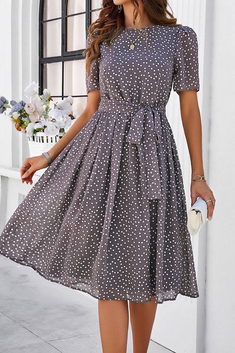 CWDSD7139_TEMPERAMENT CASUAL POLKA DOT LACE-UP PRINT DRESS