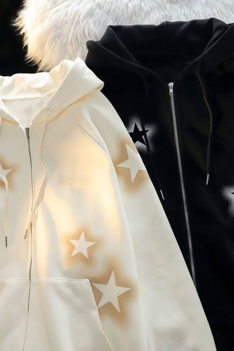 CWOCO1185_STAR PRINT LOOSE CASUAL ZIP-UP HOODED JACKET