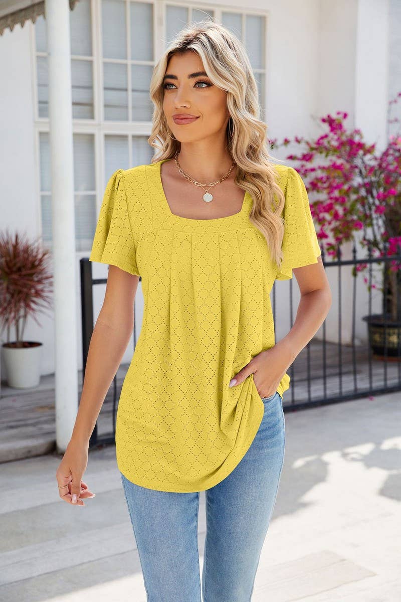 CWTTS0813_Squre Neck Short Ruffle Sleeve Knit Top