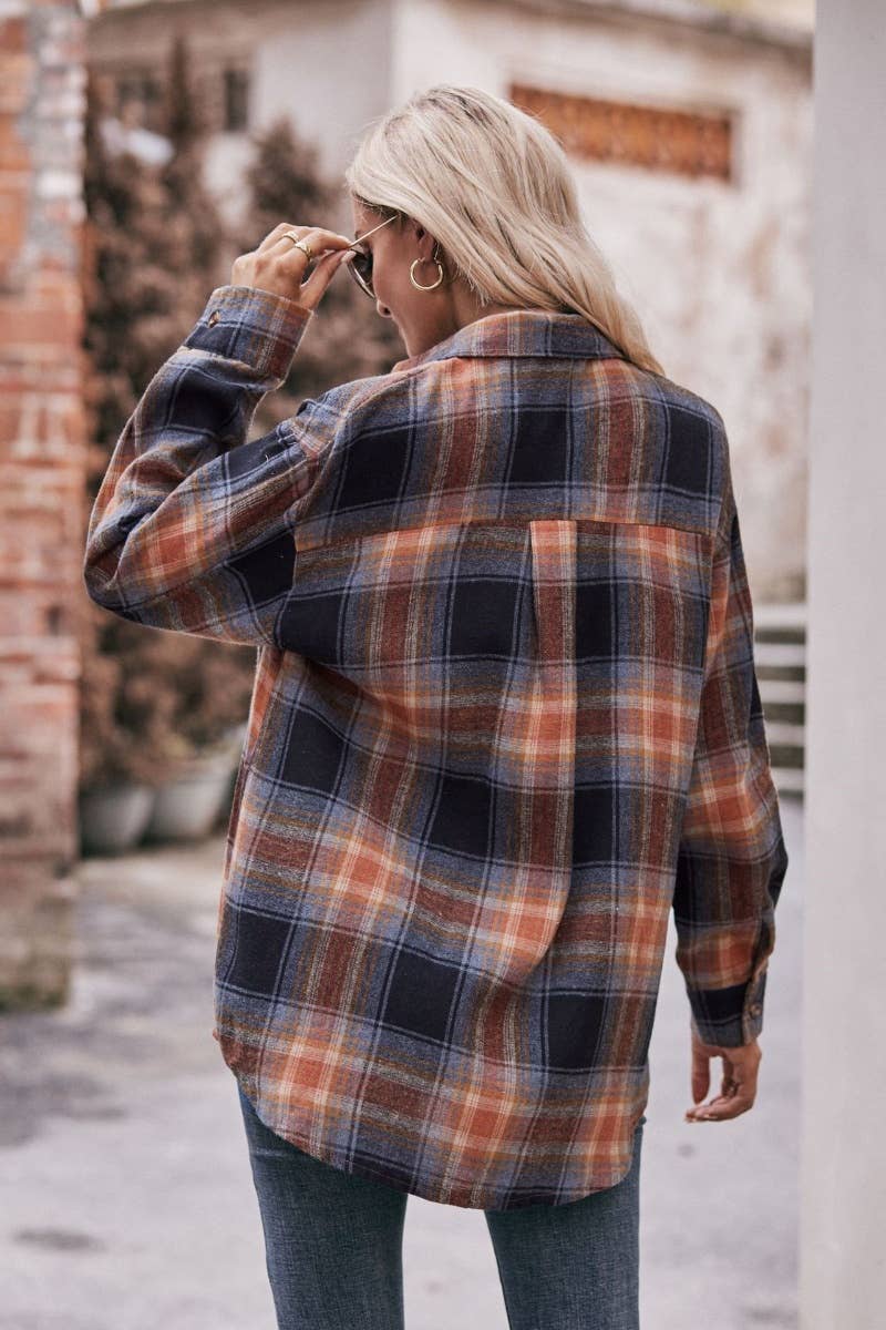 CWTSTL2188_AUTUMN WINTER POCKET PLAID LONG-SLEEVED SHIRT