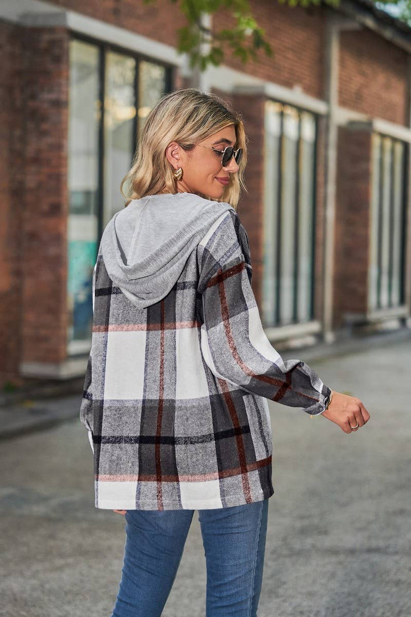 CWOCO1102_CASUAL LOOSE MID-LENGTH PLAID HOODED COAT
