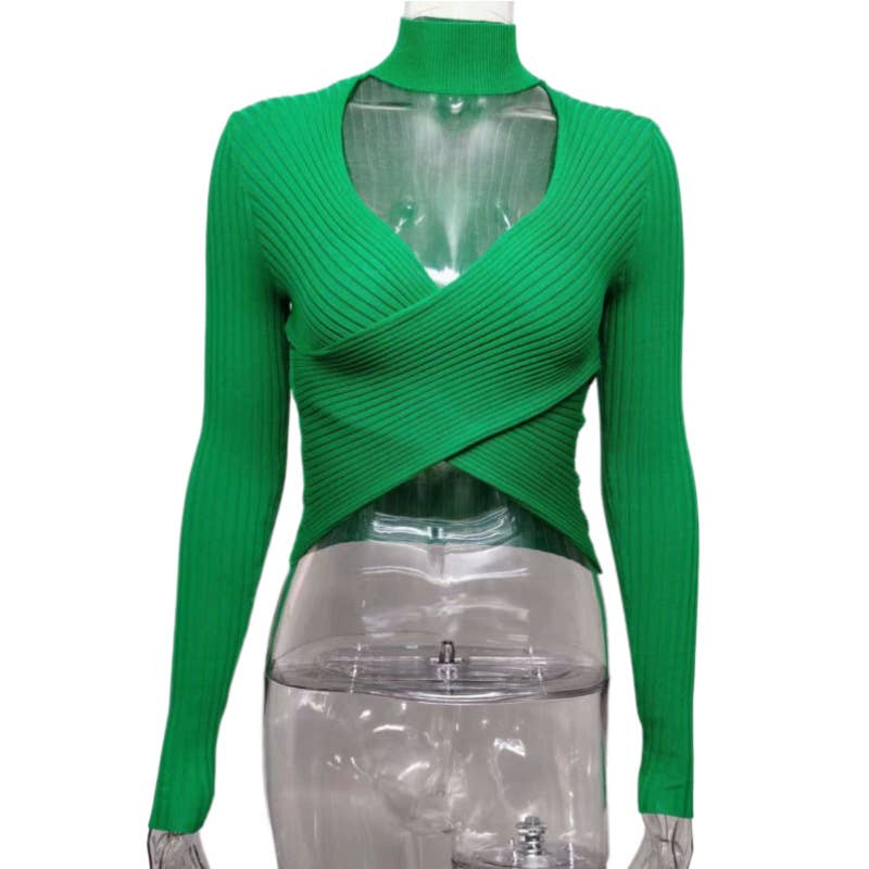 Cross-necked crop top knitted sweater