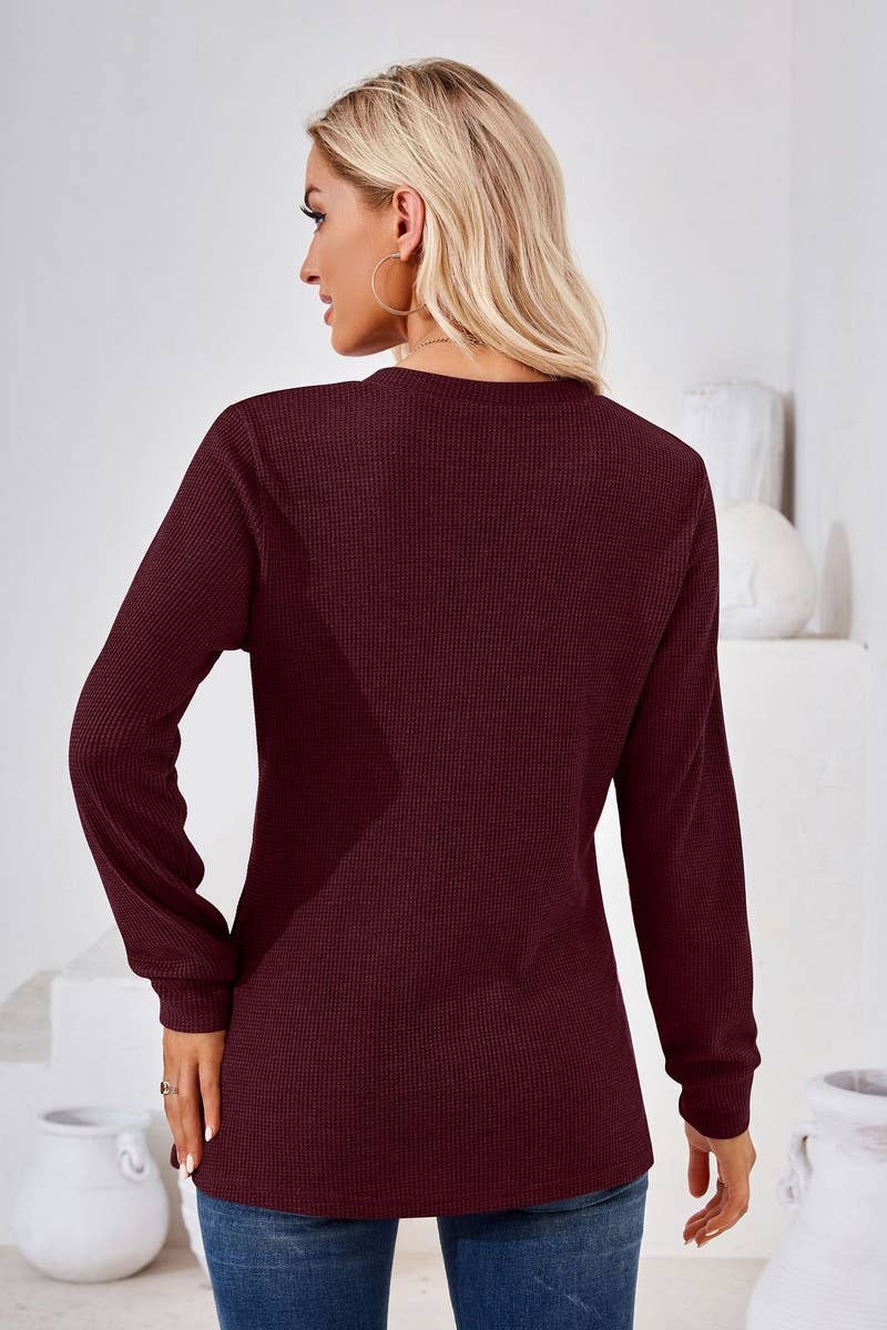 CWTBLL01312_V NECK BUTTON SOLID LONG SLEEVE LOOSE TEE