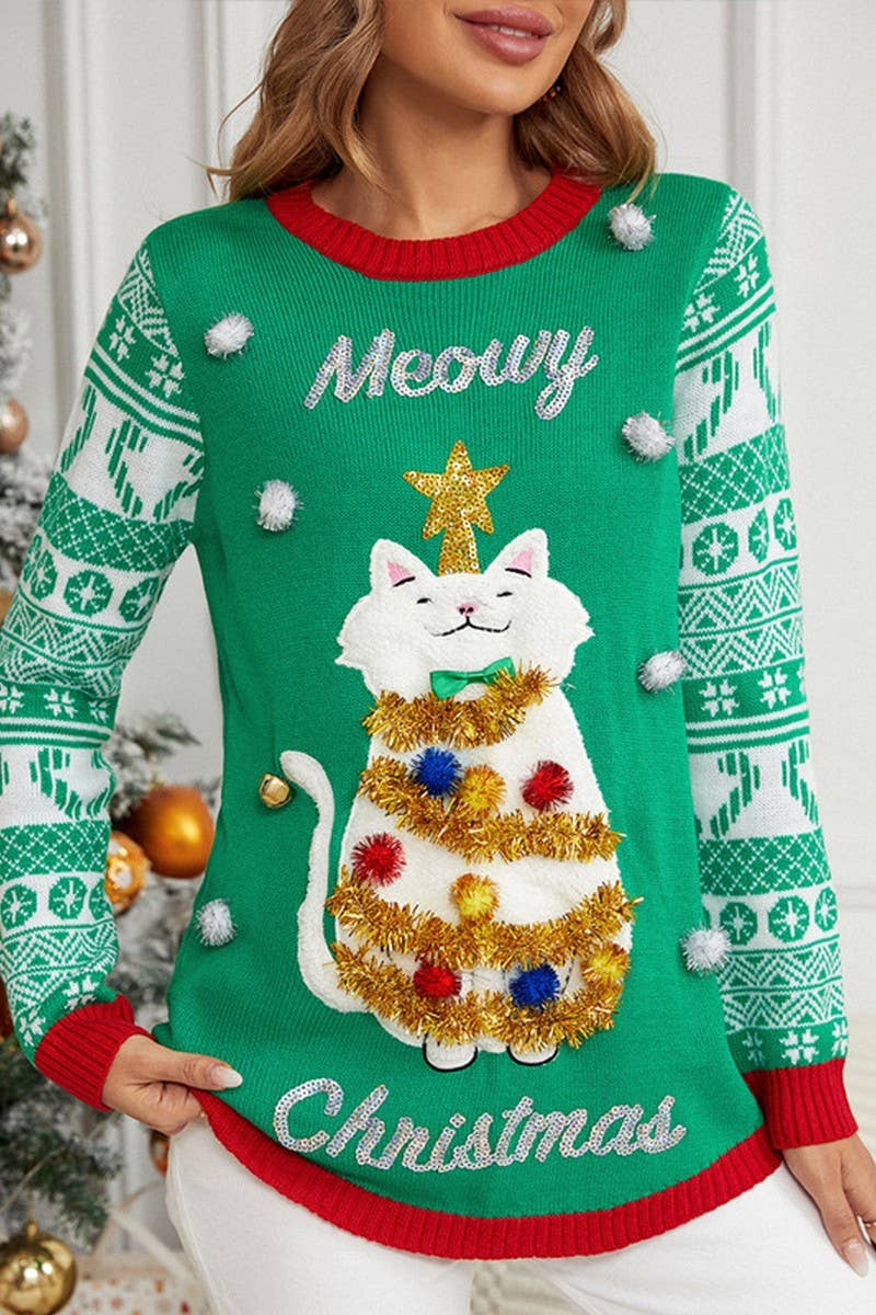 CWOSWL2484_JACQUARD EMBROIDERY PULLOVER CHRISTMAS SWEATER