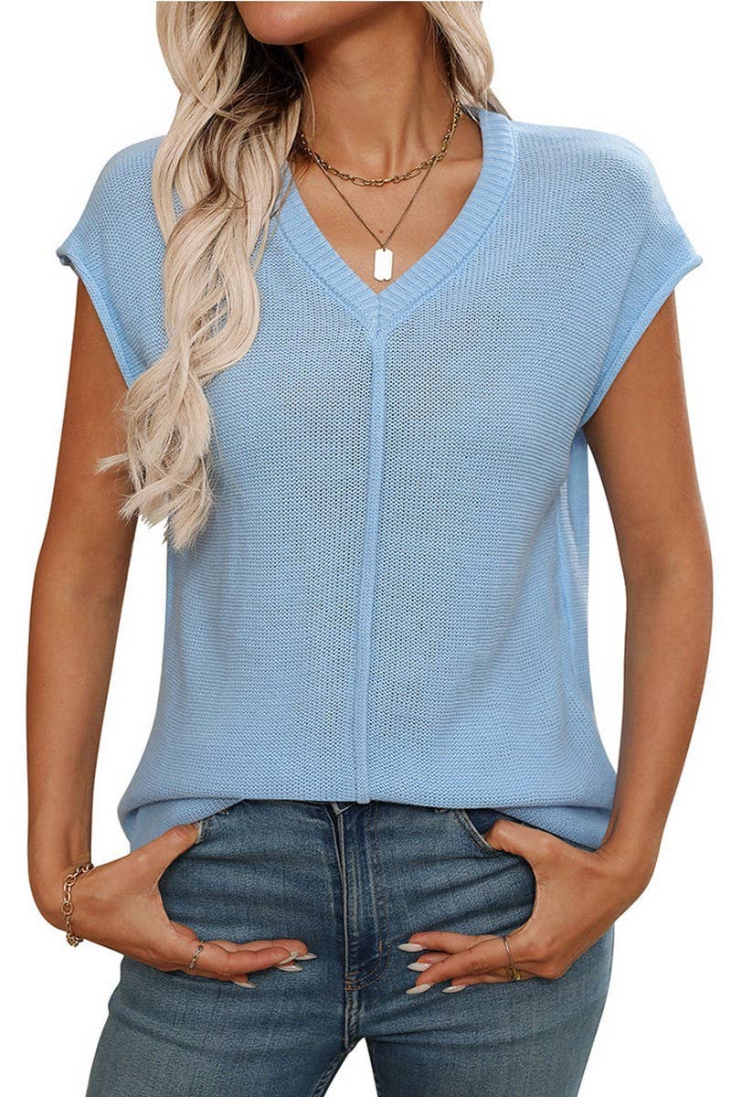 CWTTS1368_SUMMER NEW WOMEN'S V-NECK KNITTED TOPS