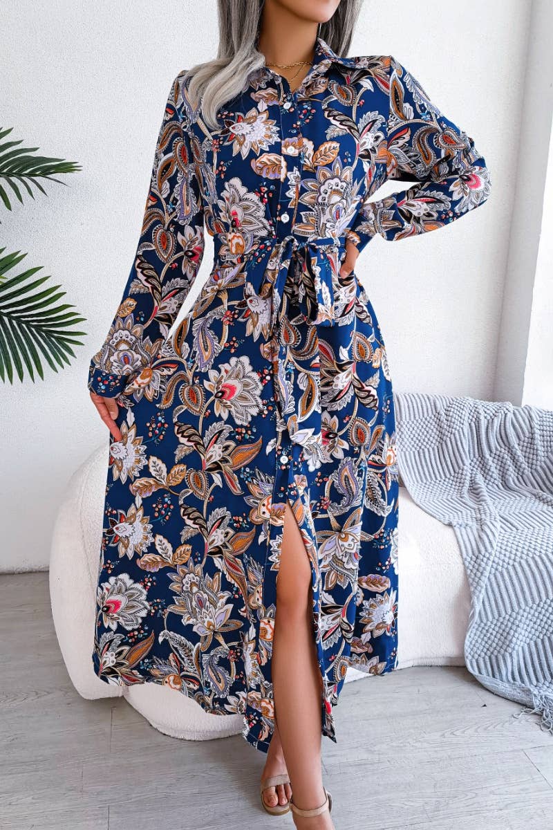 CWDMD2651_VINTAGE FLORAL LAPEL LACE-UP SHIRT LONG DRESS