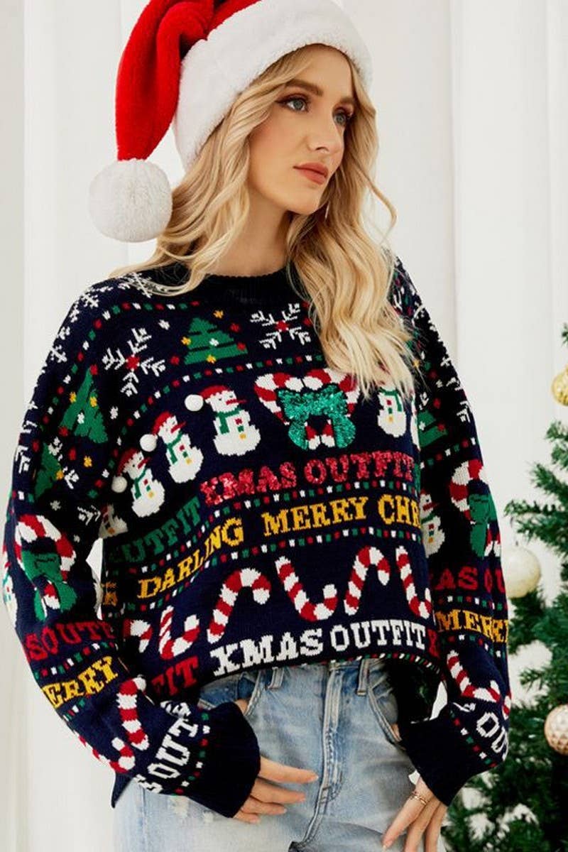 CWOSWL2431_CHRISTMAS TREE SNOWMAN SEQUINED CHRISTMAS SWEATER