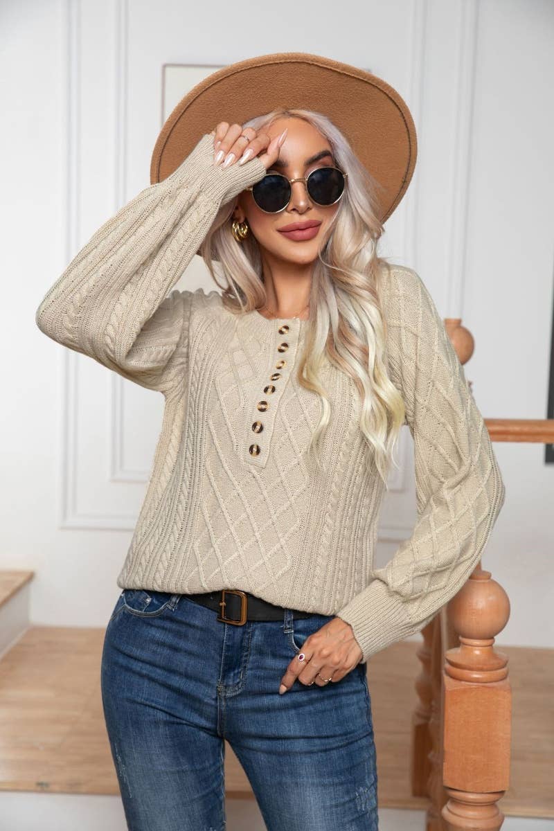 CWOSWL6372_CASUAL BUTTON-UP LONG-SLEEVED KNIT SWEATER