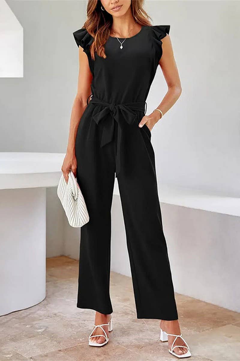 CWSBSS0061_LOTUS LEAF FLYING SLEEVE WAIST TIE CASUAL JUMPSUI