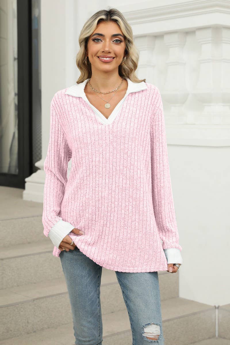 CWTBLL1874_CONTRAST COLOR LAPEL LONG SLEEVE LOOSE TOP