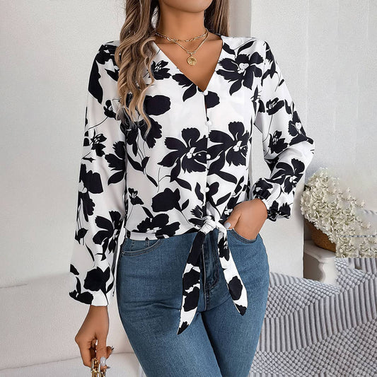 COLORFUL FLOWER LANTERN SLEEVE LACE-UP CHIFFON TOP