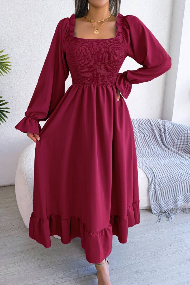 CWDMD2663_RUFFLED DRESS WITH SQUARE COLLAR FLARED SLEEVES